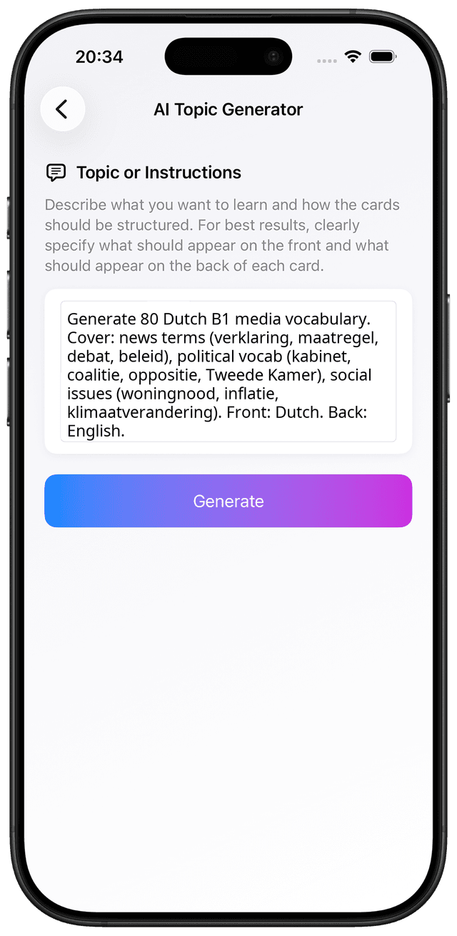 AI prompt for Dutch B1 media news current events vocabulary flashcards