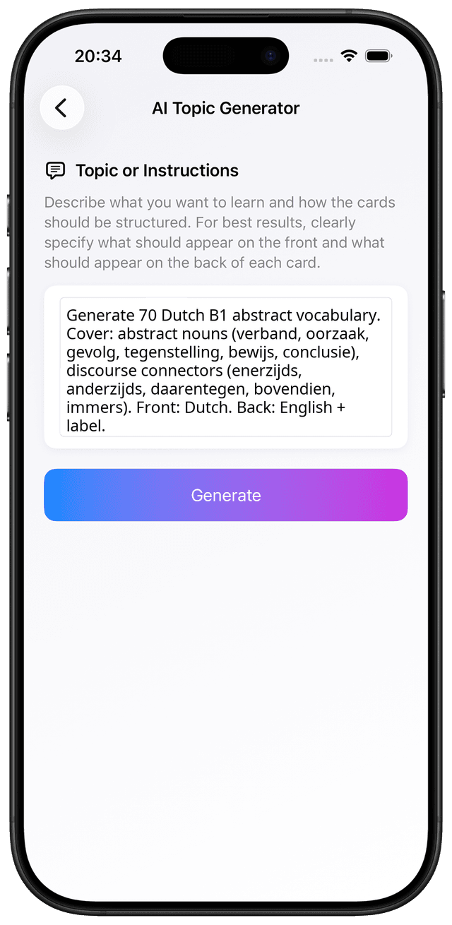 AI prompt for Dutch B1 abstract vocabulary ideas discussion advanced flashcards