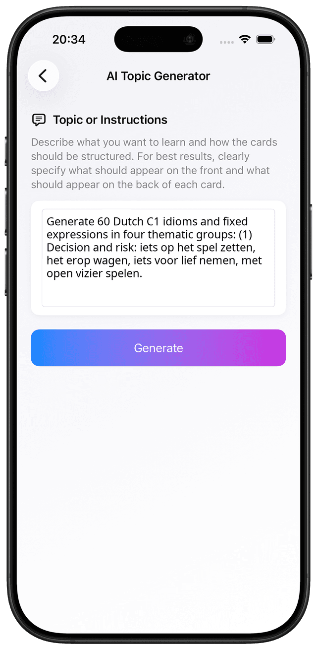 AI prompt for Dutch C1 idioms and fixed expressions vocabulary flashcards