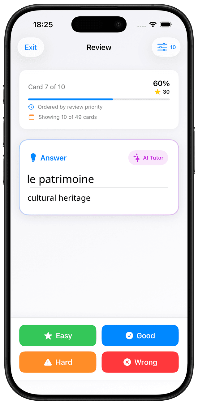 MindCards French B2 vocabulary study interface showing advanced grammar flashcards