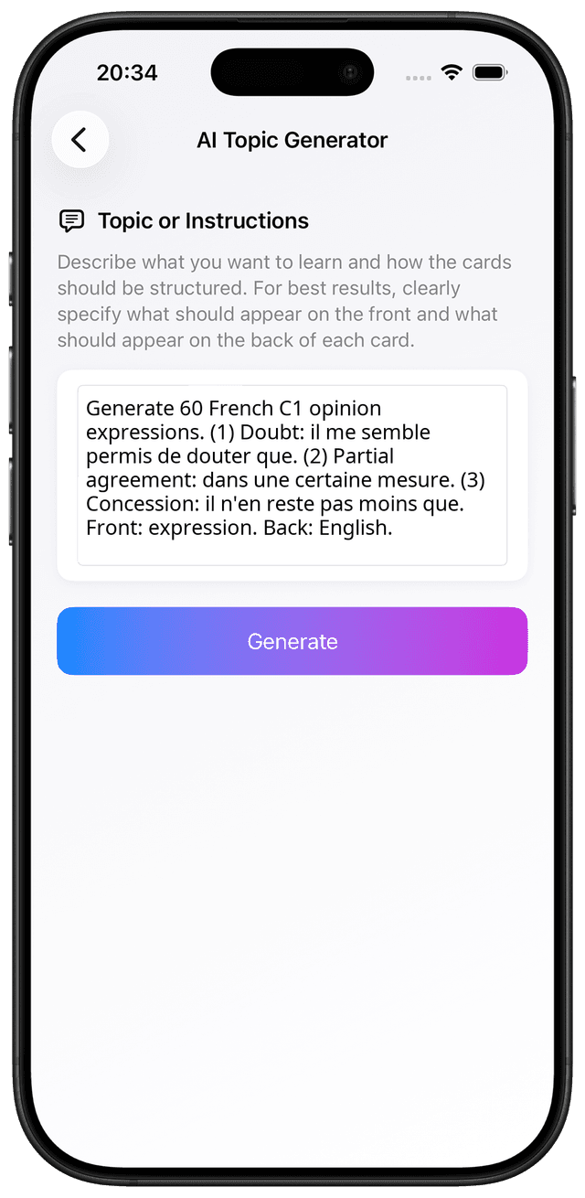 AI prompt for French C1 nuanced opinion qualification and hedging vocabulary