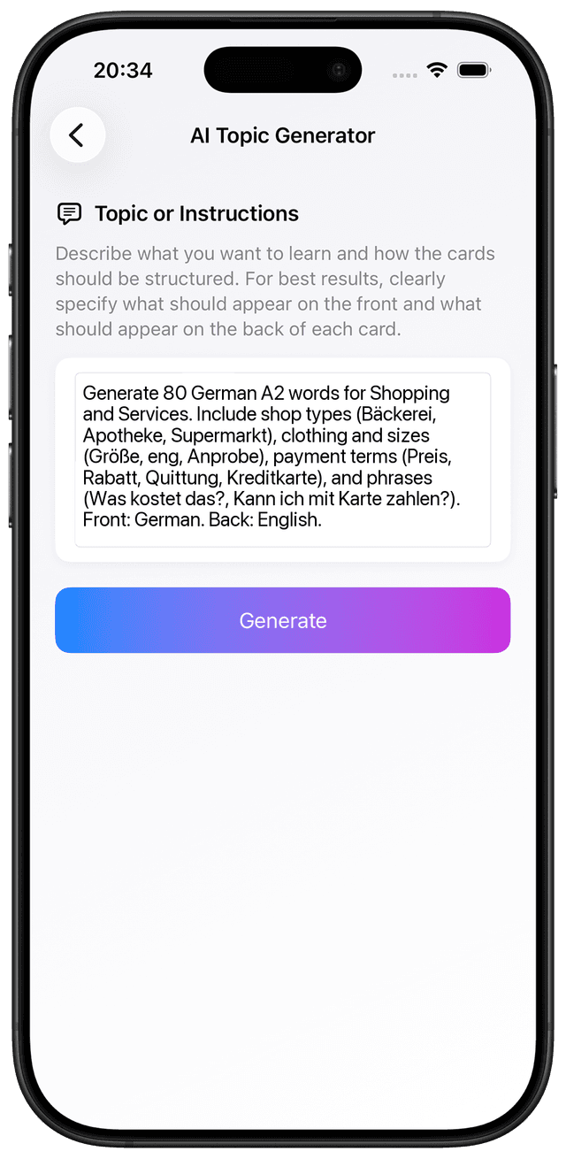 AI prompt for German A2 shopping money services vocabulary flashcards