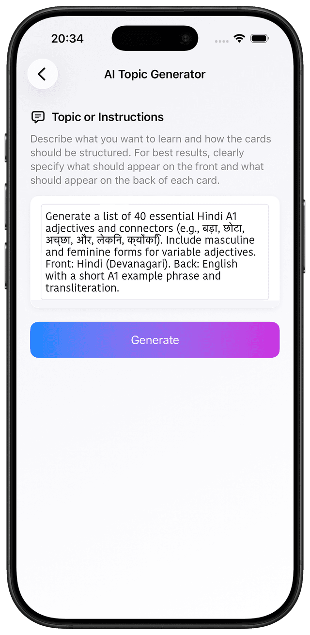 AI prompt for Hindi A1 adjectives and connectors