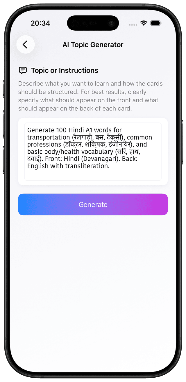 AI prompt for Hindi A1 travel work and health vocabulary