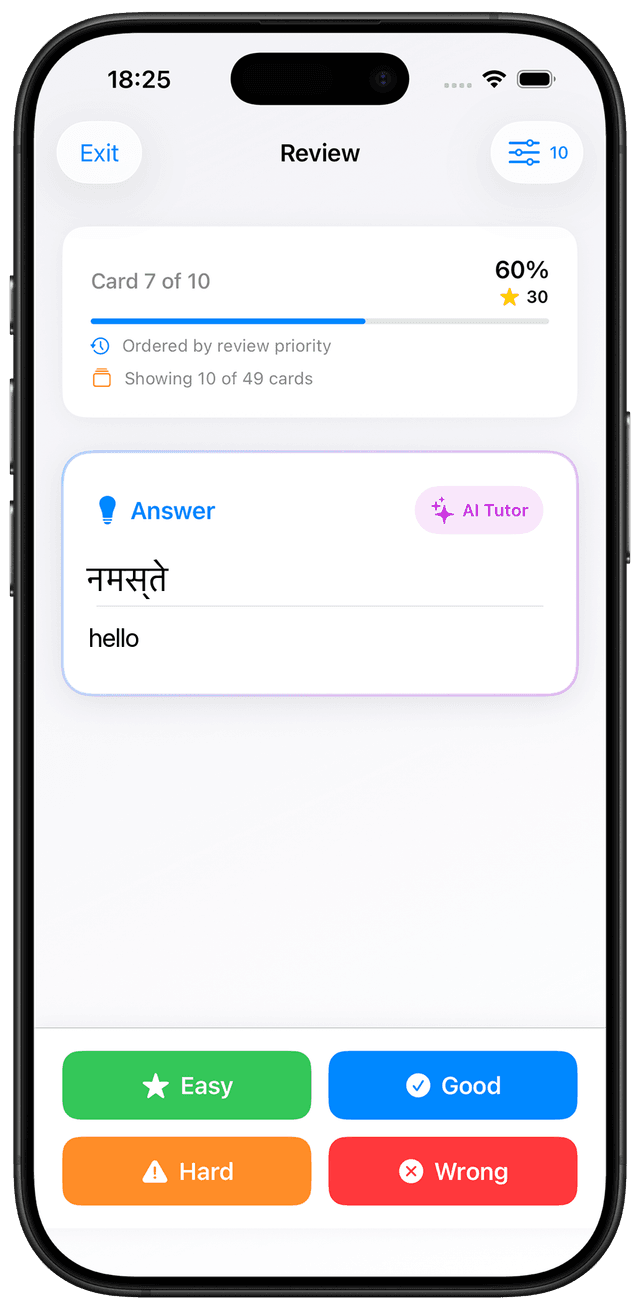 MindCards Hindi A1 vocabulary study interface