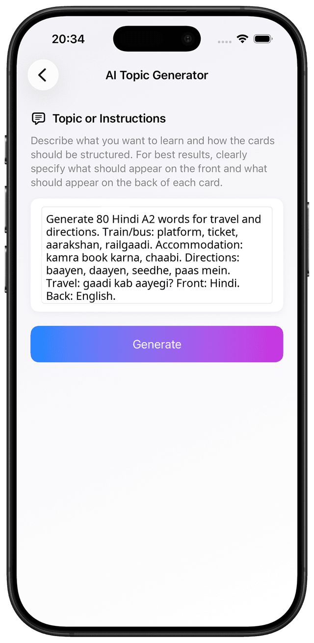 AI prompt for Hindi A2 travel transport directions vocabulary