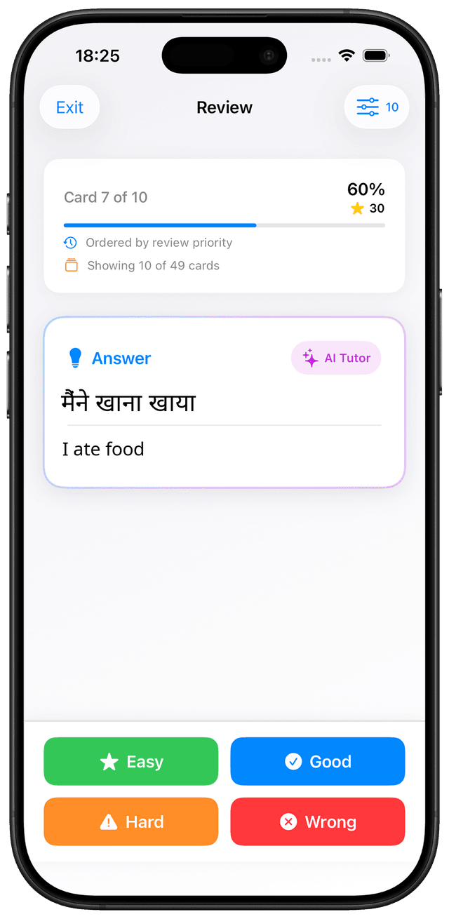 MindCards Hindi A2 vocabulary study interface showing past tense flashcards