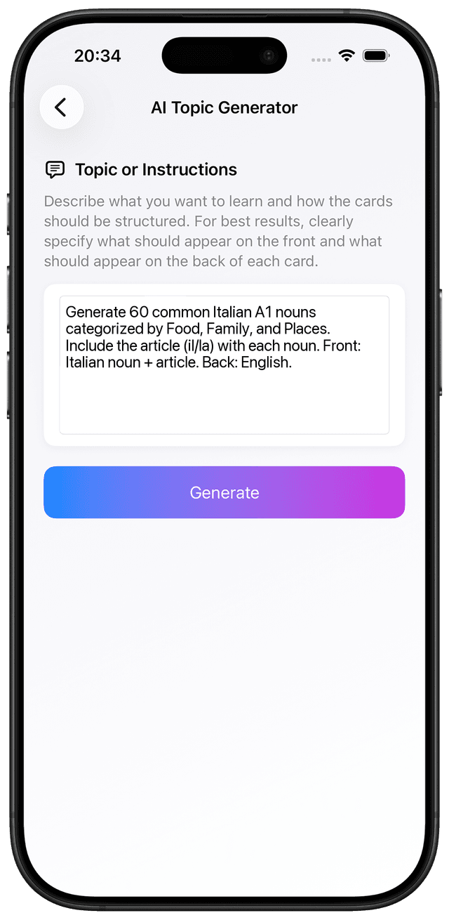 AI prompt for Italian A1 nouns with articles