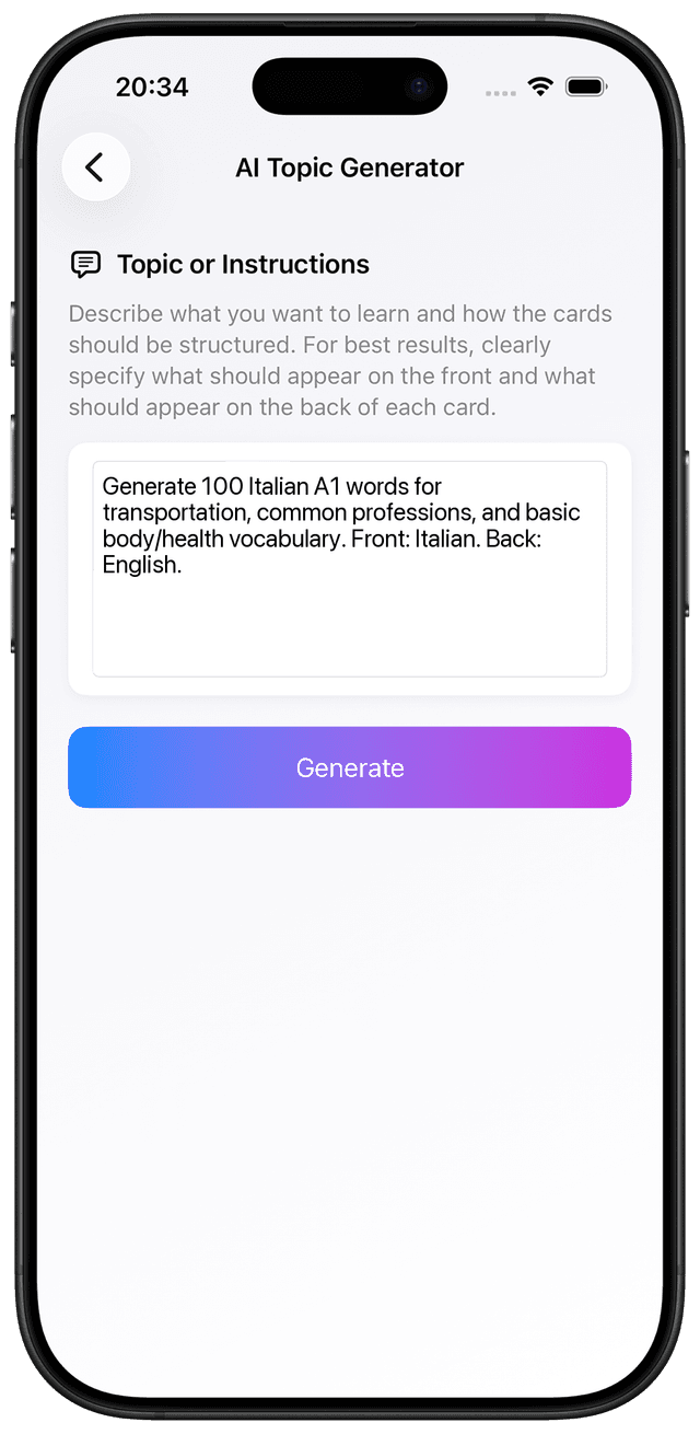 AI prompt for Italian A1 travel work and health vocabulary