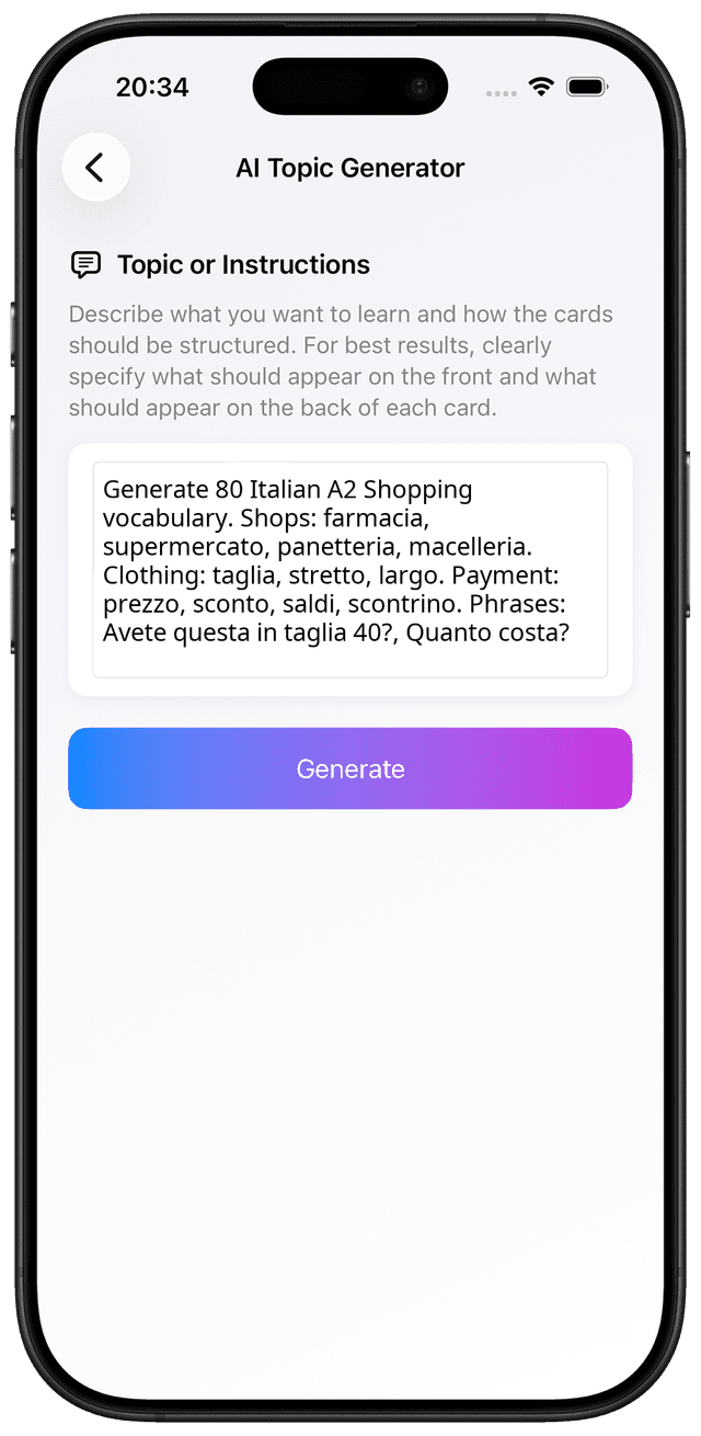 AI prompt for Italian A2 shopping money services vocabulary flashcards