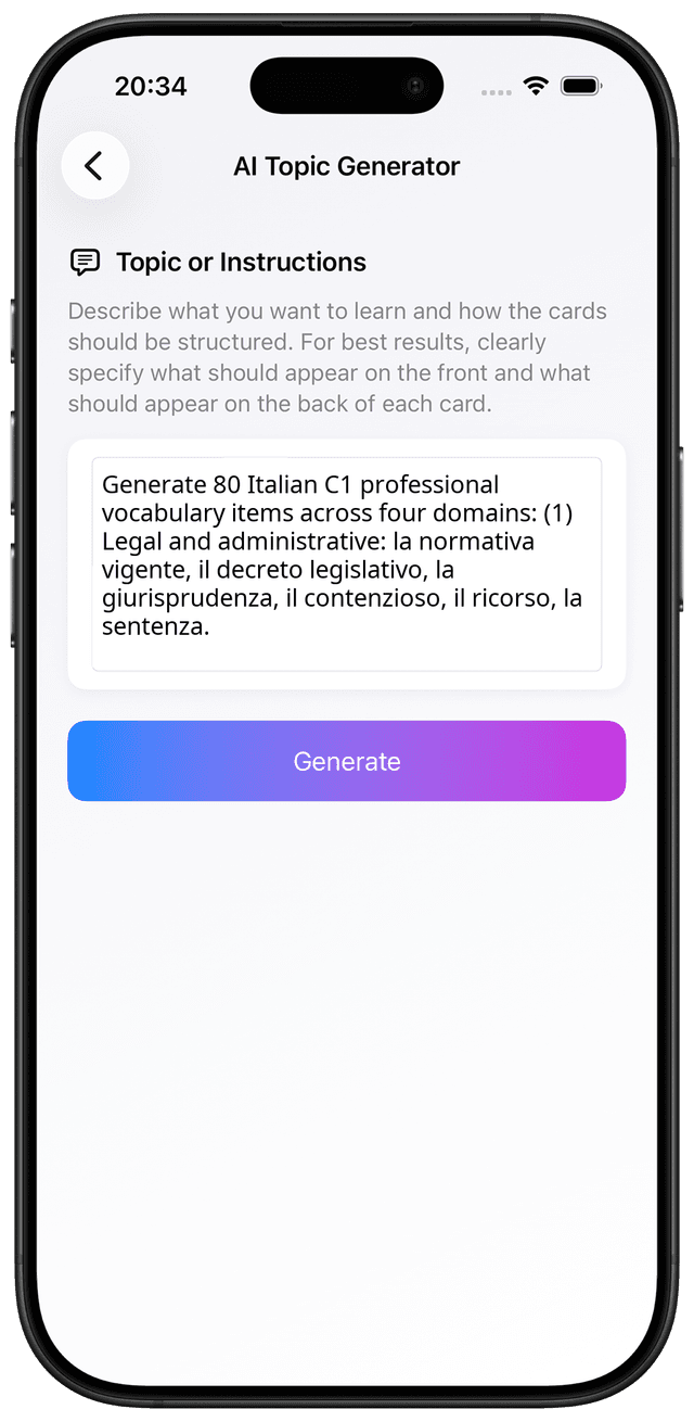 AI prompt for Italian C1 professional domain-specific vocabulary in law economics and media flashcards