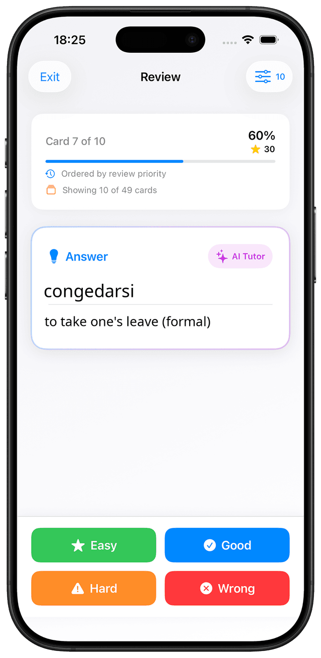 MindCards Italian C1 vocabulary study interface showing advanced Italian flashcards