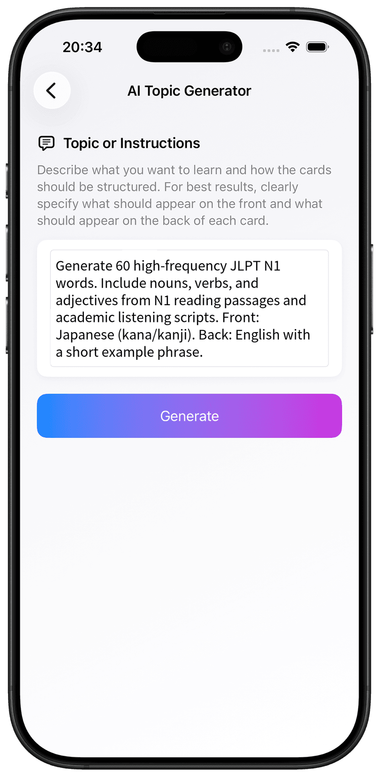 AI prompt for core JLPT N1 Japanese vocabulary nouns and verbs