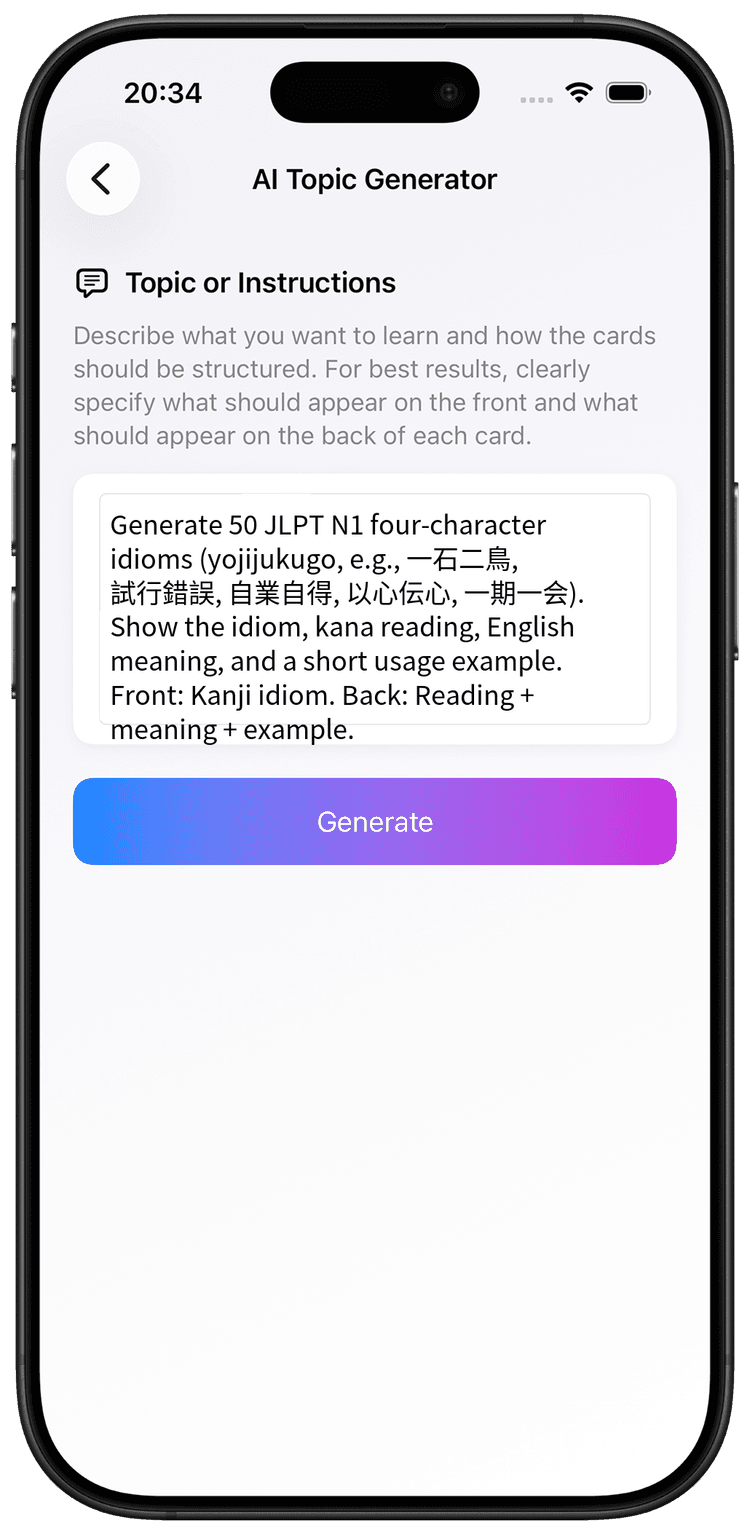 AI prompt for Japanese N1 four-character idioms yojijukugo