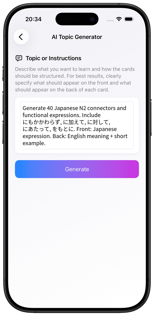 AI prompt for Japanese N2 advanced connectors and functional expressions