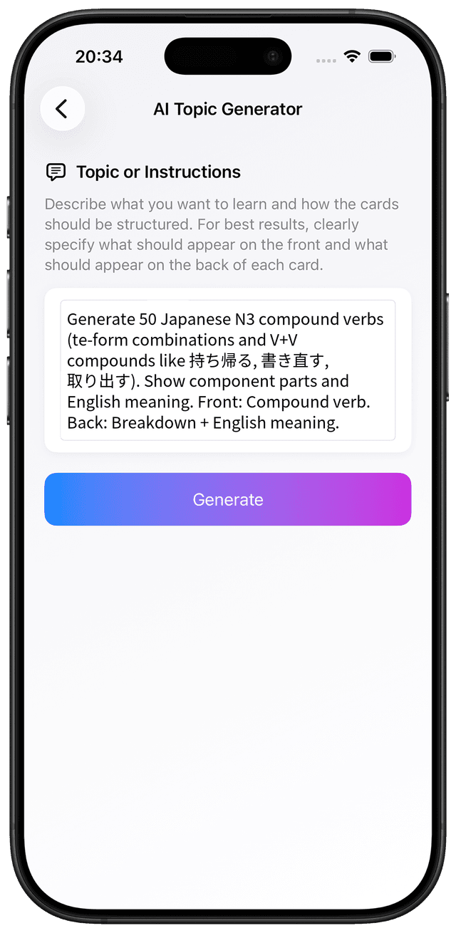 AI prompt for Japanese N3 compound verbs and verb phrases
