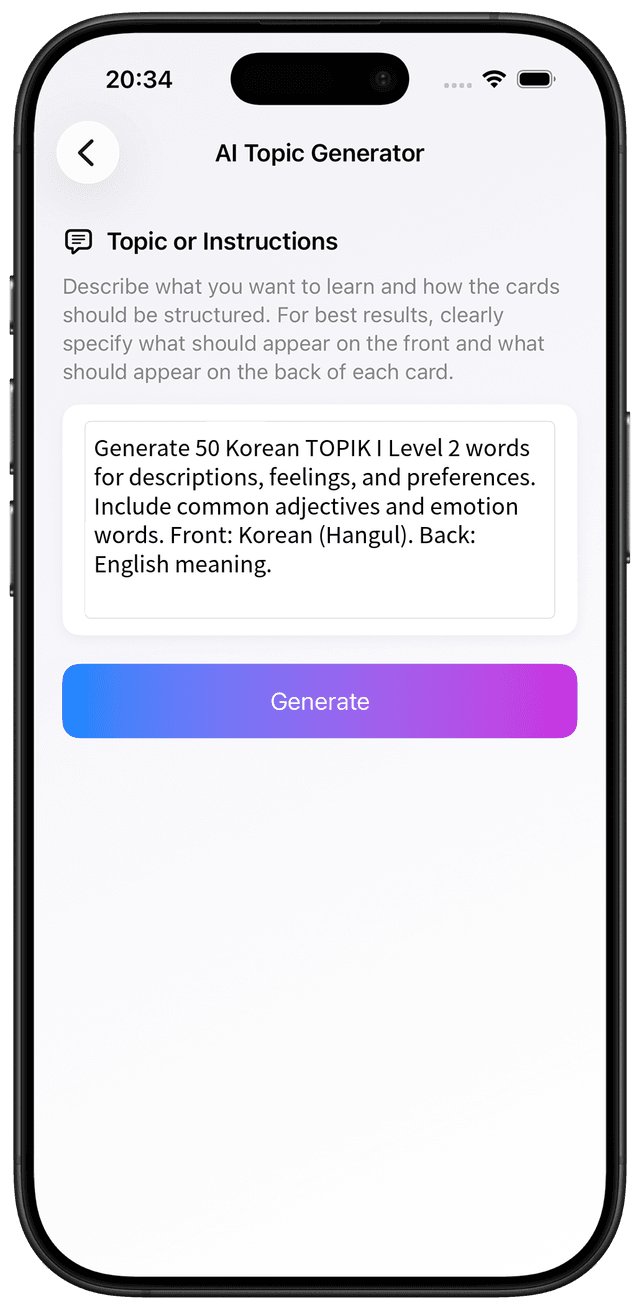 AI prompt for Korean TOPIK I Level 2 descriptions and feelings vocabulary