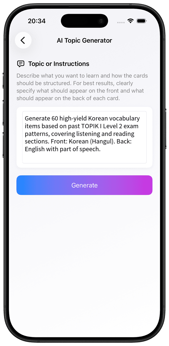 AI prompt for Korean TOPIK I Level 2 exam sprint high-yield vocabulary review