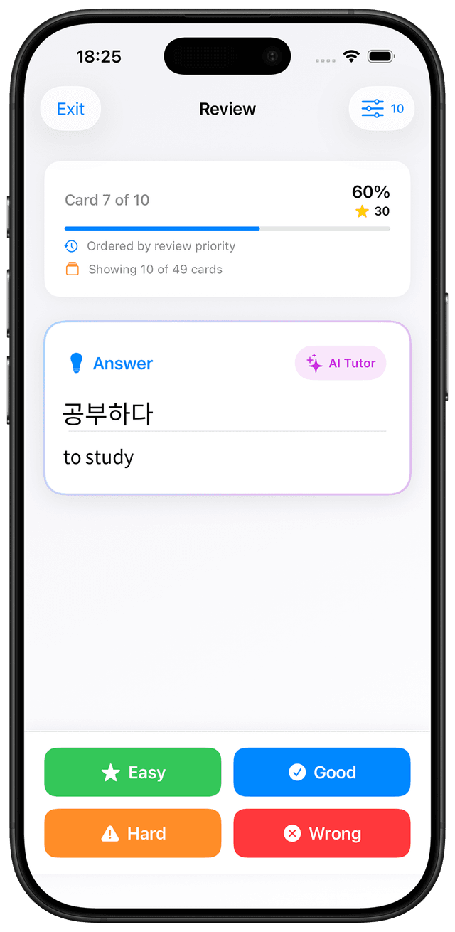 MindCards Korean TOPIK I Level 2 vocabulary study interface