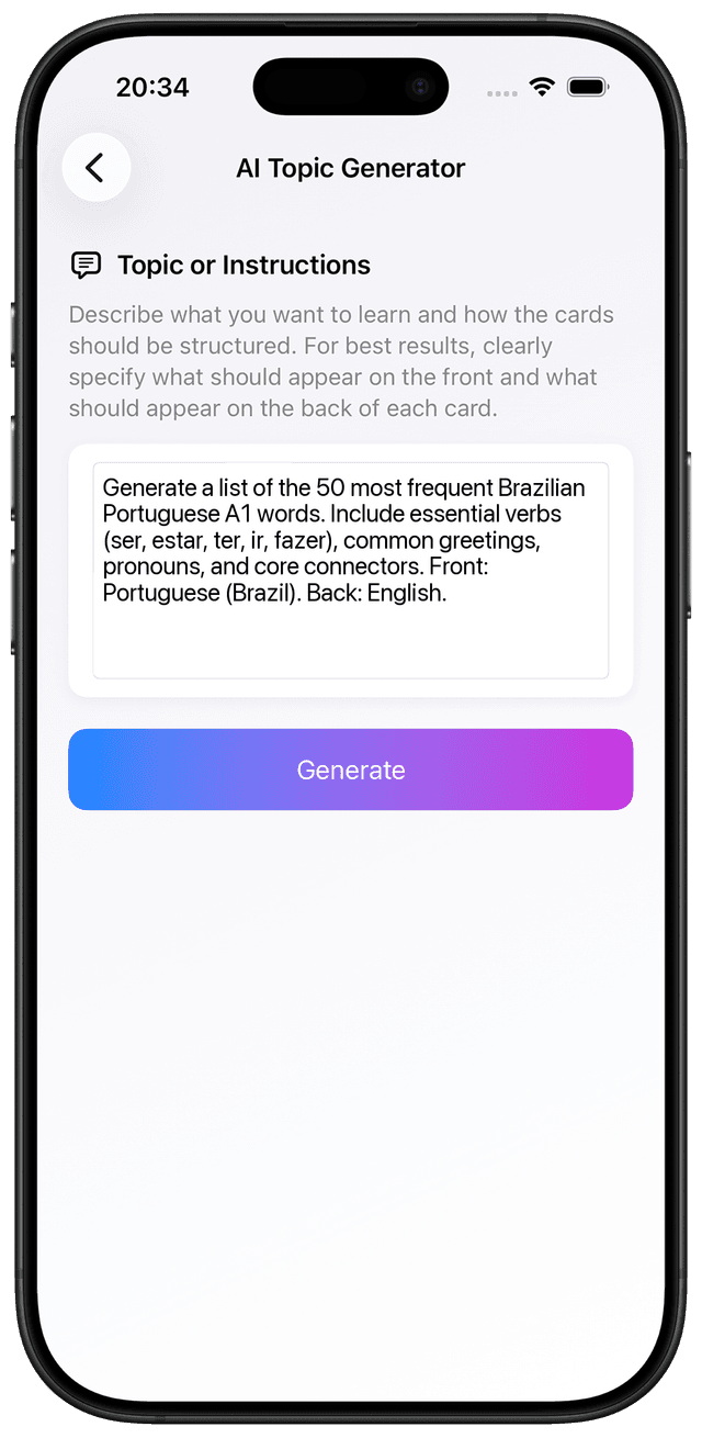 AI prompt for core high-frequency Brazilian Portuguese A1 vocabulary