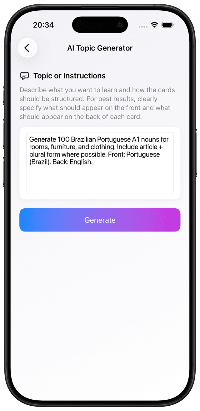 AI prompt for Brazilian Portuguese A1 home and clothing vocabulary