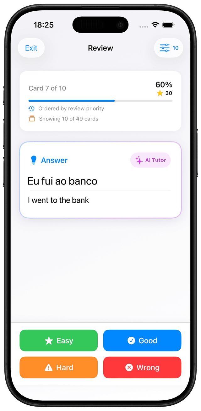 MindCards Brazilian Portuguese A2 vocabulary study interface showing Preterito Perfeito flashcards