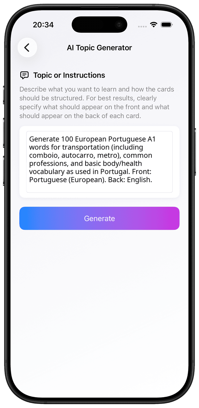 AI prompt for European Portuguese A1 travel work and health vocabulary
