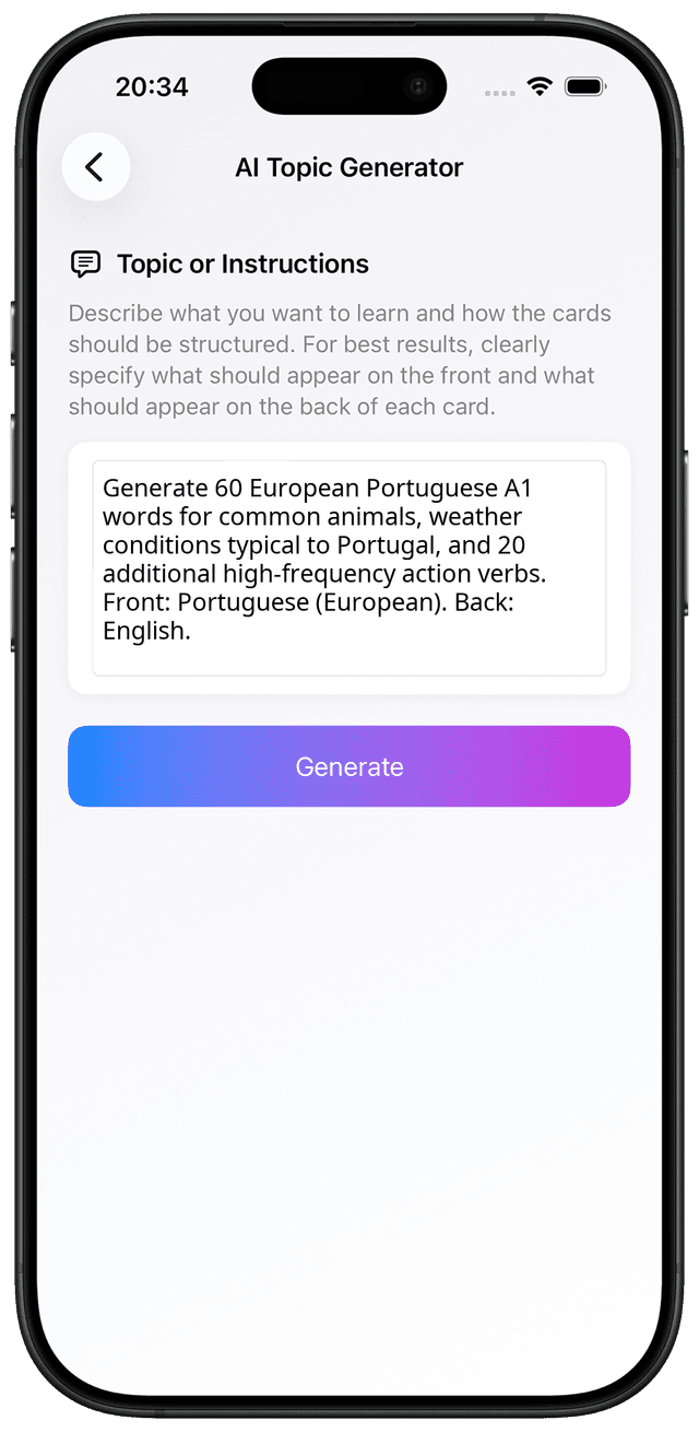 AI prompt for European Portuguese A1 verbs and environment vocabulary