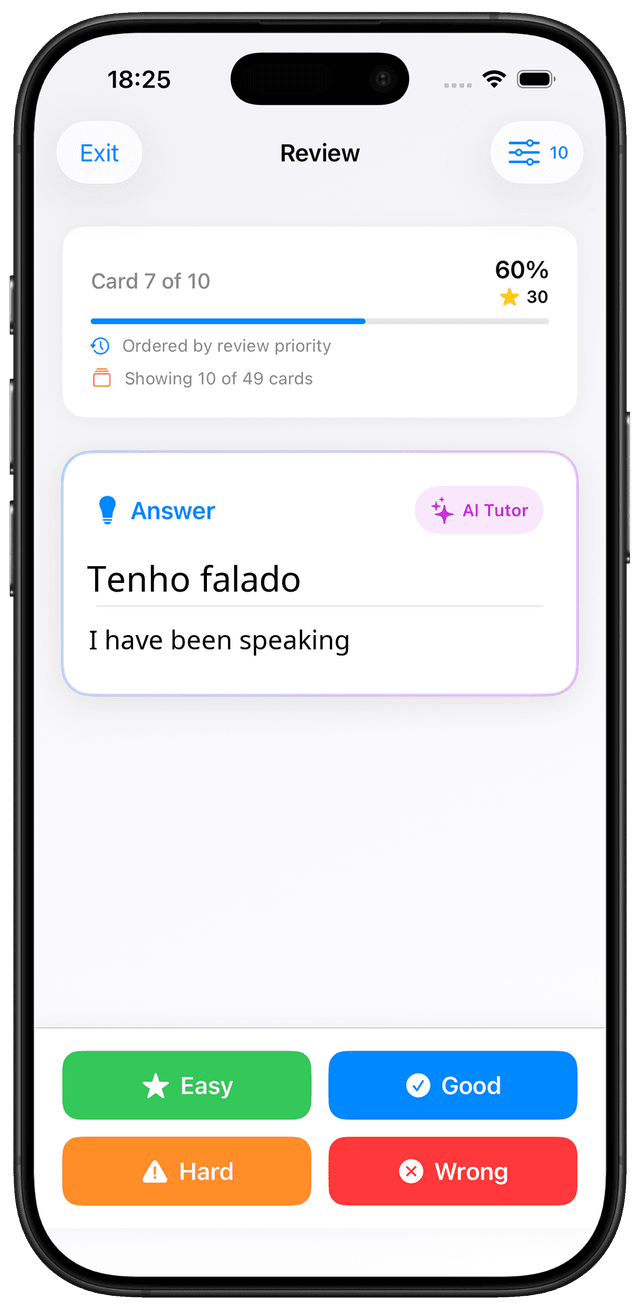 MindCards European Portuguese A2 vocabulary study interface showing past tense flashcards