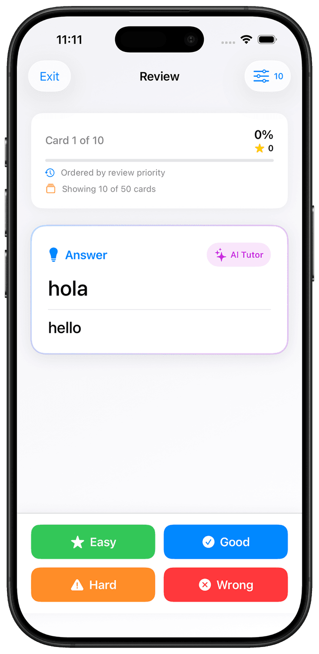 MindCards Spanish learning interface showing a1 vocabulary study