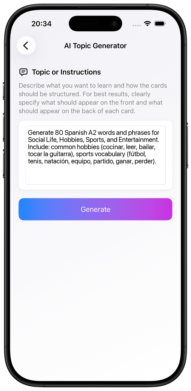 Learning Spanish A2 vocabulary with the AI prompt for hobbies, sports, and social activities