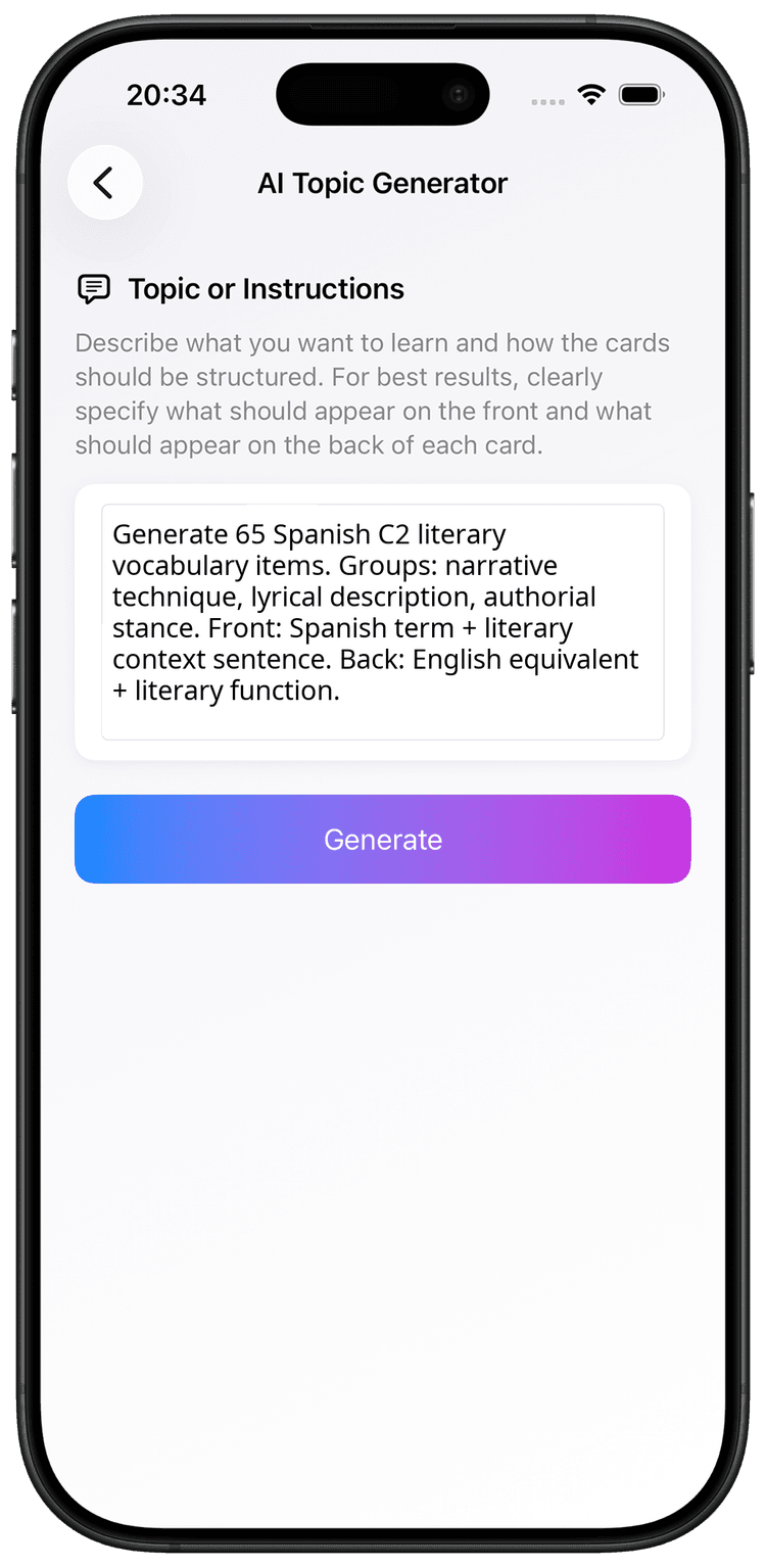 Learning Spanish C2 vocabulary with the AI prompt for literary register