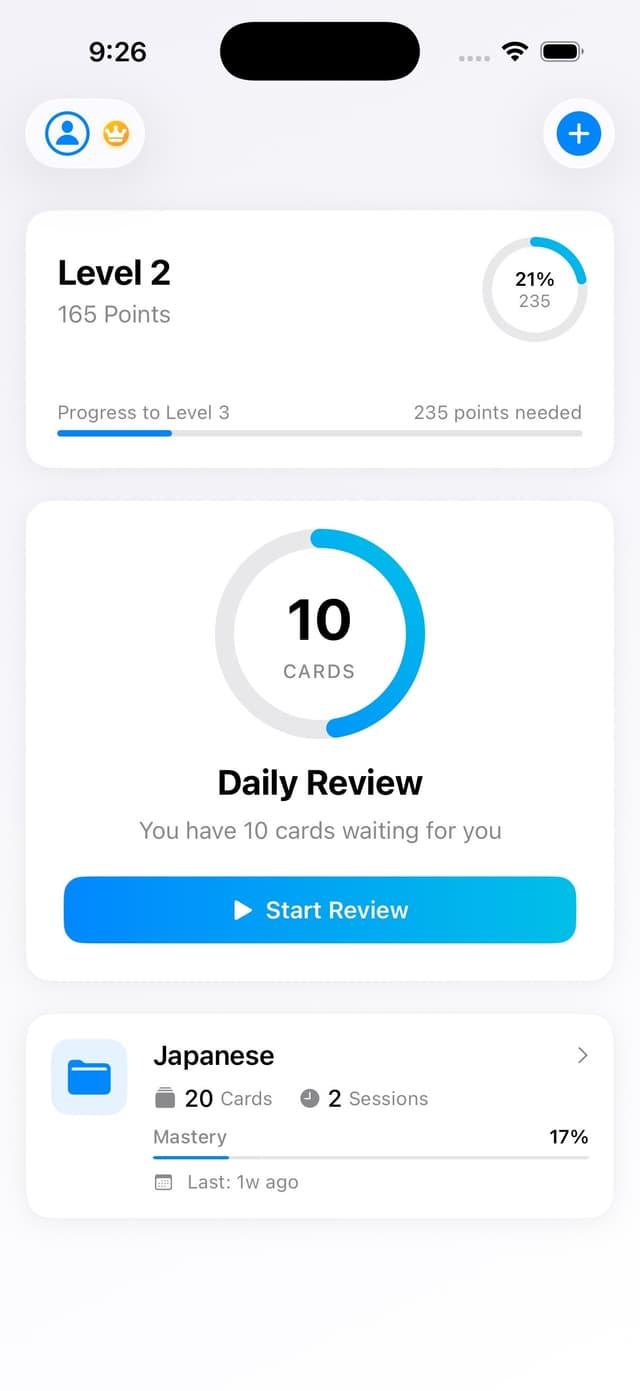 MindCards app showing a flashcard review session