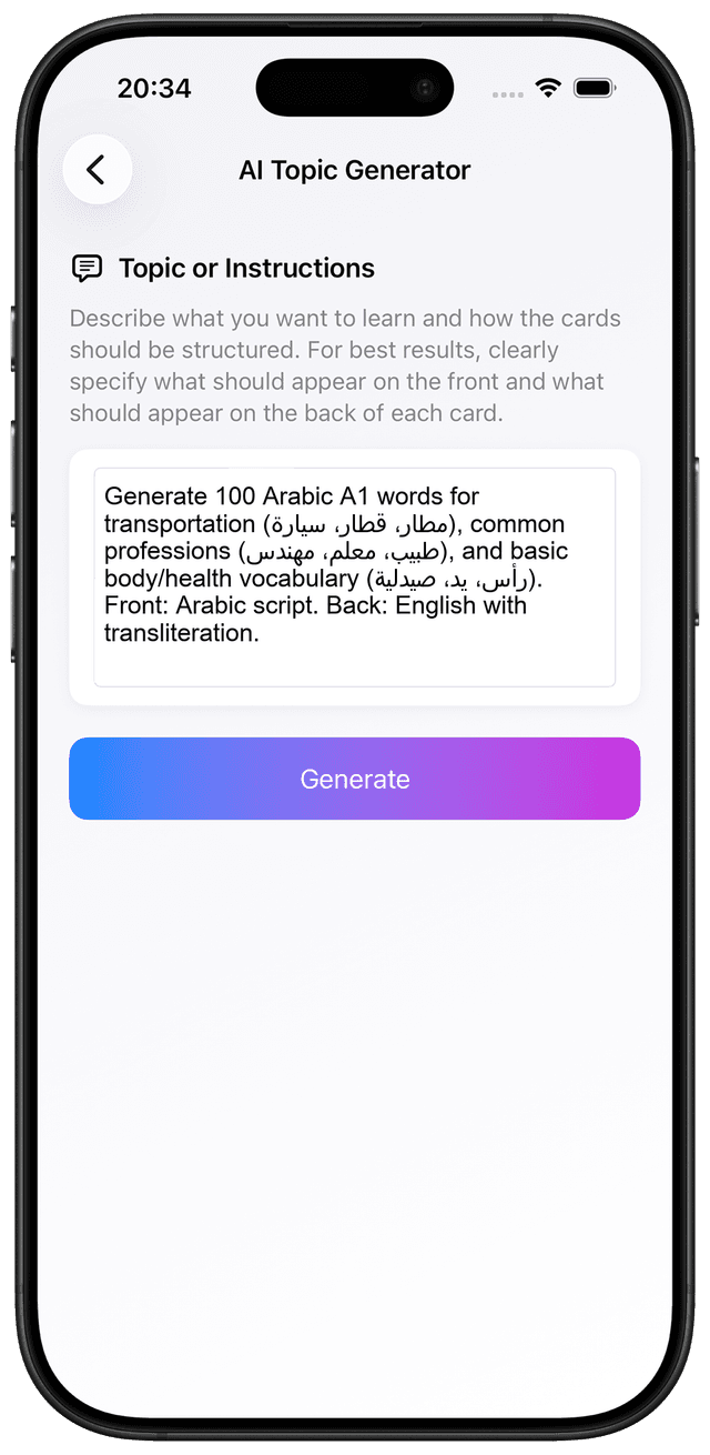 AI prompt for Arabic A1 travel work and health vocabulary