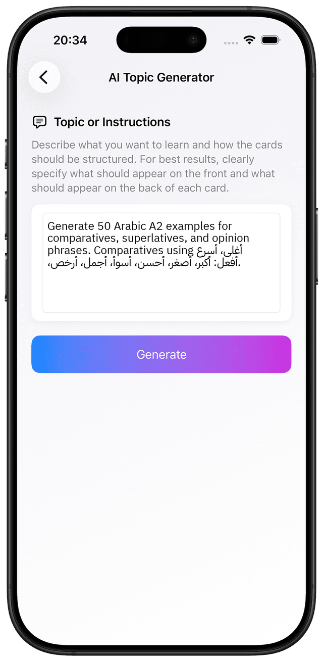 AI prompt for Arabic A2 opinion comparison adjective vocabulary