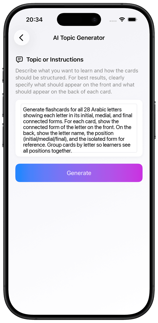 AI prompt for learning Arabic letter position forms with MindCards