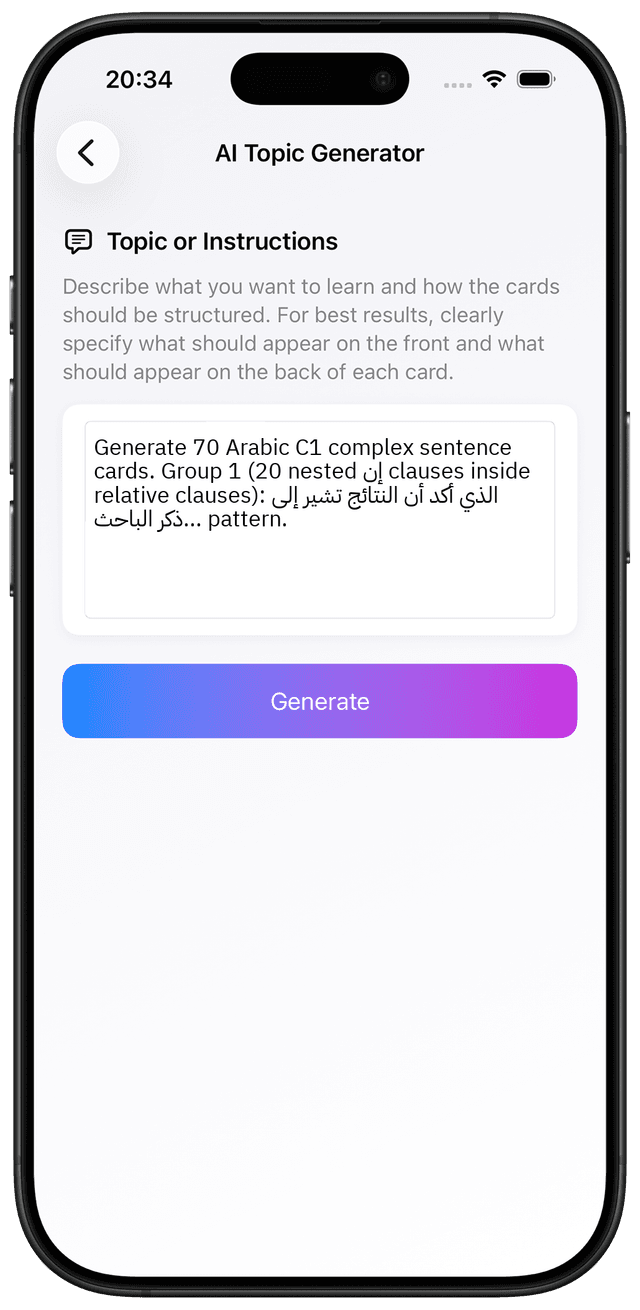 AI prompt for Arabic C1 complex syntax embedded clauses and advanced sentence structure flashcards