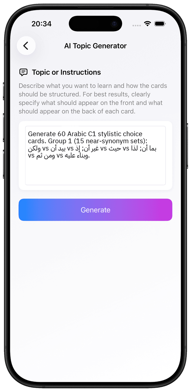 AI prompt for Arabic C1 stylistic control essay writing register precision and C2 preparation flashcards