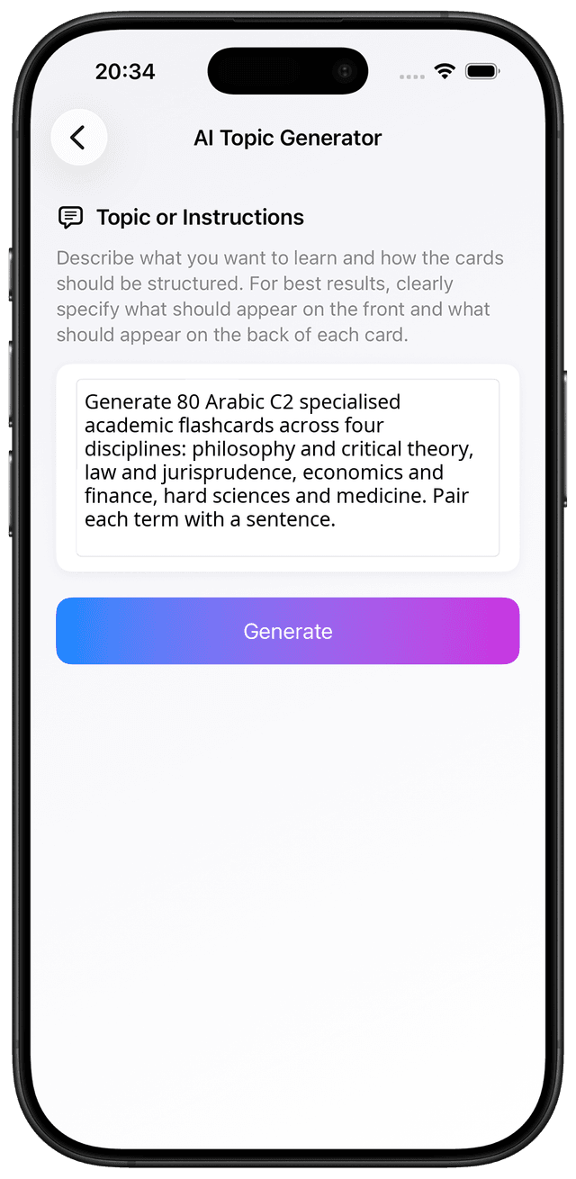 AI prompt for Arabic C2 specialised academic vocabulary across philosophy law economics and science flashcards
