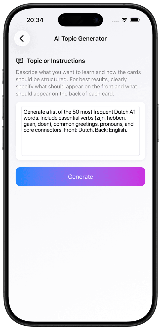 AI prompt for core high-frequency Dutch A1 vocabulary