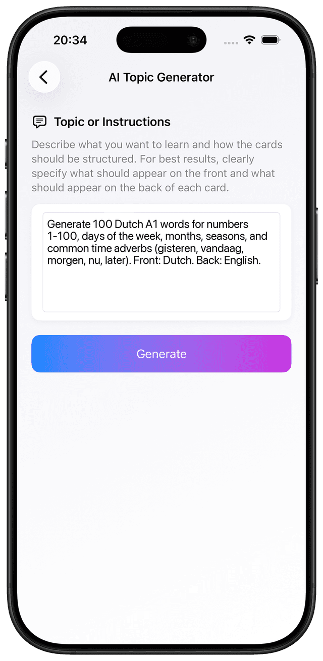 AI prompt for Dutch A1 time and numbers vocabulary