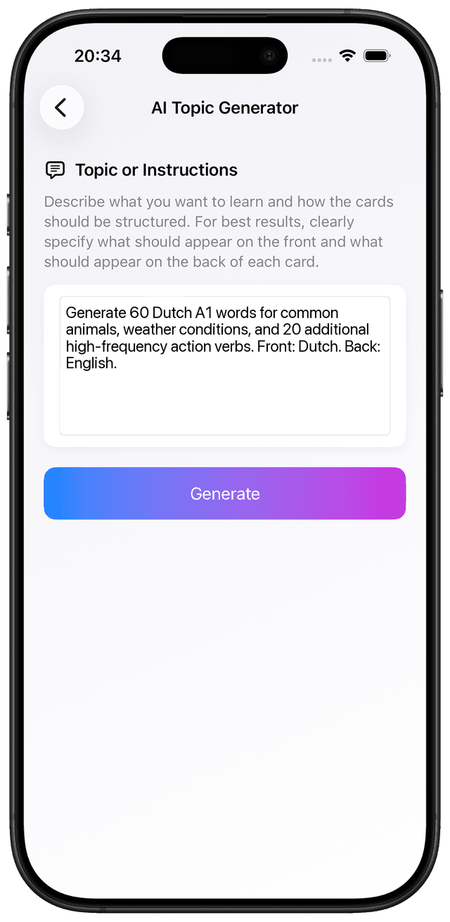 AI prompt for Dutch A1 verbs and environment vocabulary