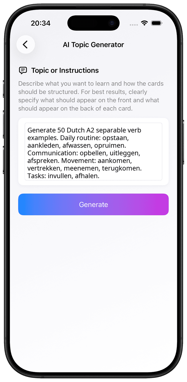 AI prompt for Dutch A2 separable verbs scheidbare werkwoorden vocabulary