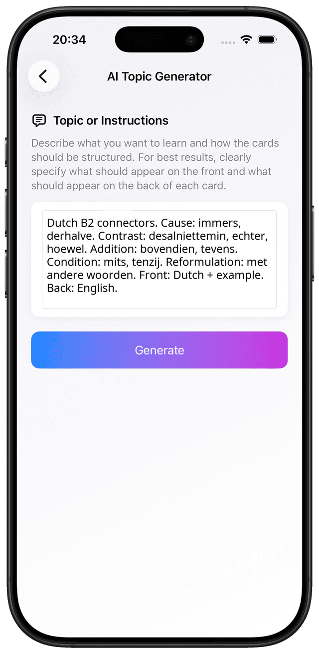 AI prompt for Dutch B2 advanced connectors and argumentation vocabulary flashcards