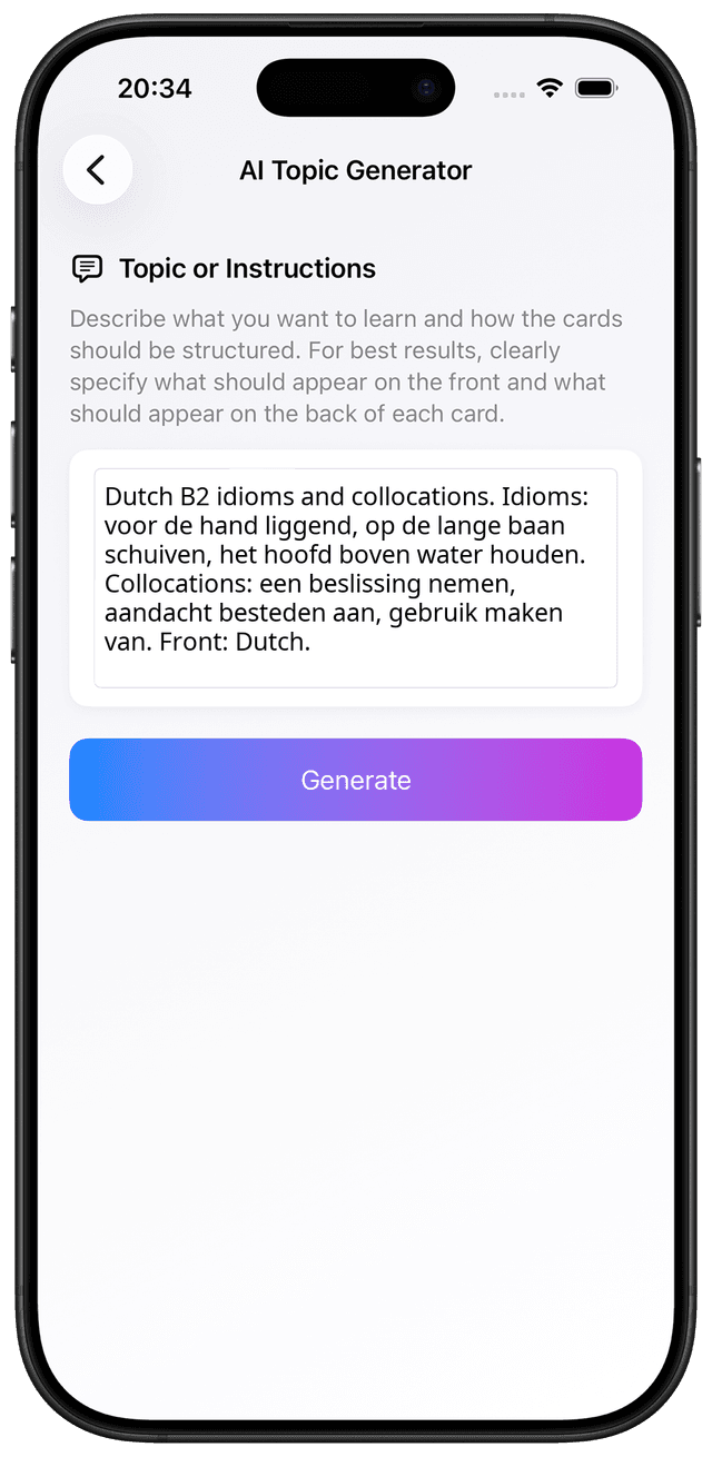 AI prompt for Dutch B2 idioms collocations vaste verbindingen vocabulary flashcards
