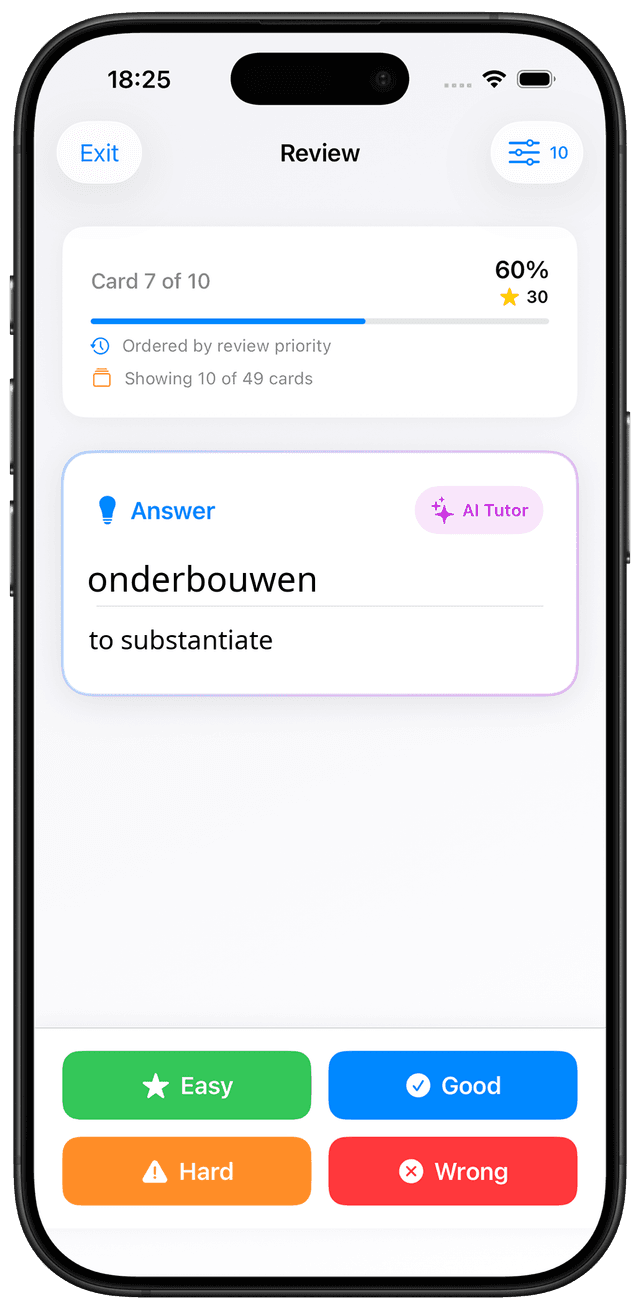 MindCards Dutch B2 vocabulary study interface showing advanced Dutch flashcards