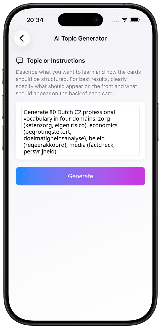 AI prompt for Dutch C2 professional vocabulary in healthcare economics and policy