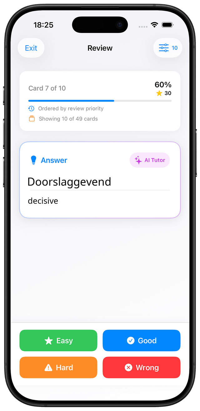 MindCards Dutch C2 vocabulary study interface showing mastery-level Dutch flashcards