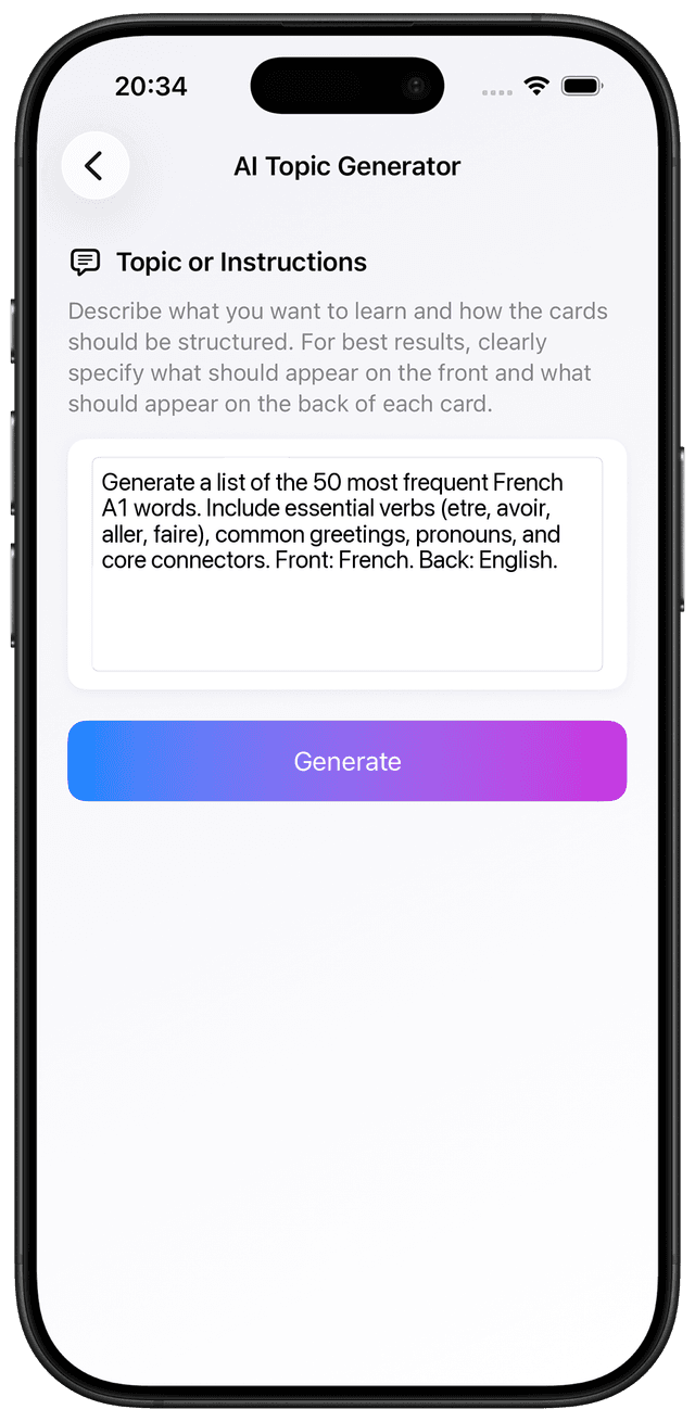 AI prompt for core high-frequency French A1 vocabulary