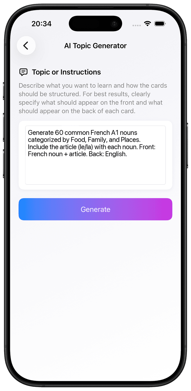 AI prompt for French A1 nouns with articles